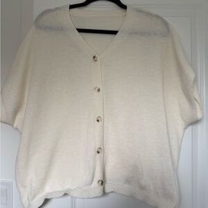 Ivory V-Neck Knit Short Sleeve Cardigan - Tortoise Shell Buttons - Medium
